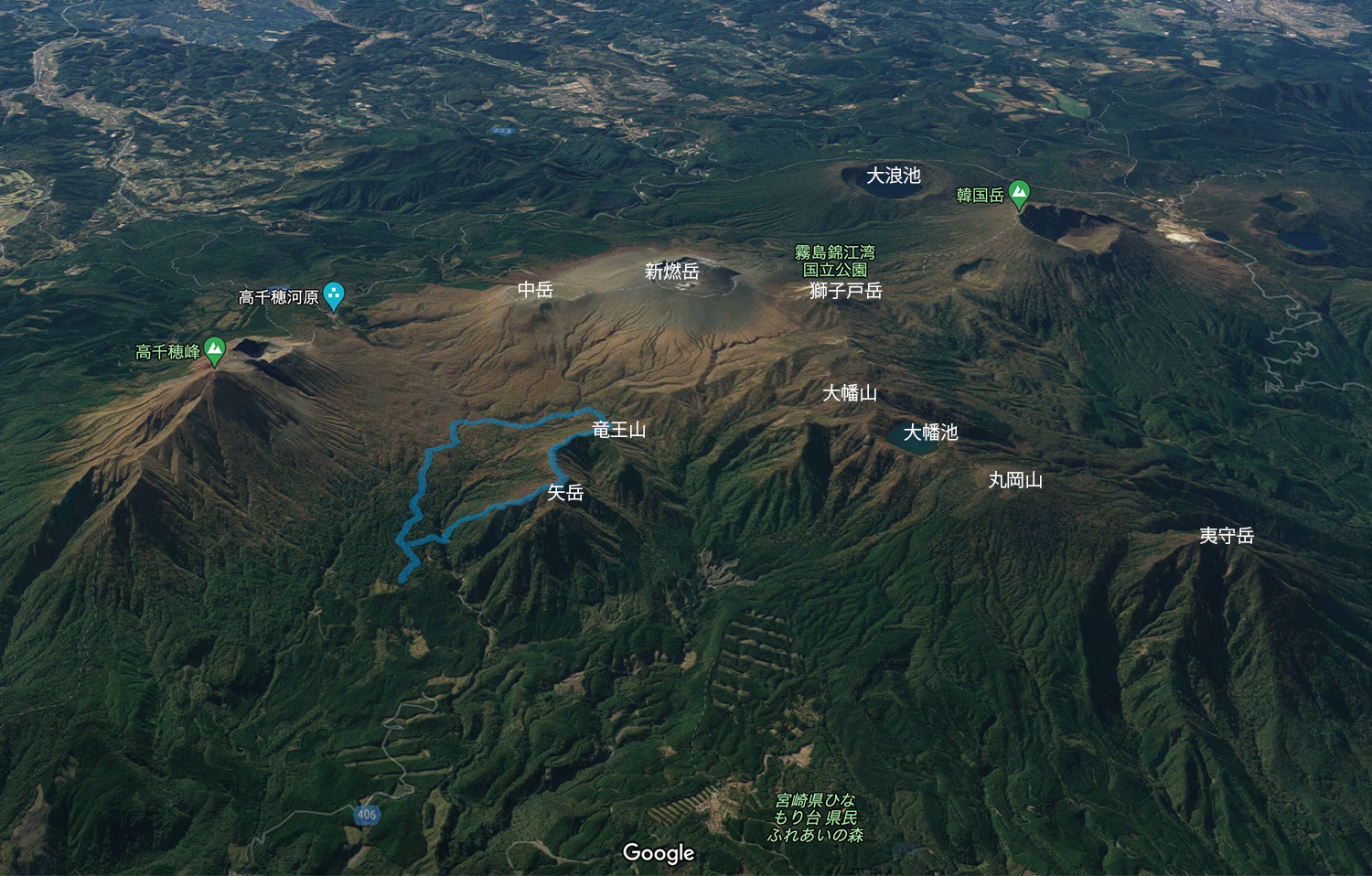 霧島連山と矢岳・竜王山の位置