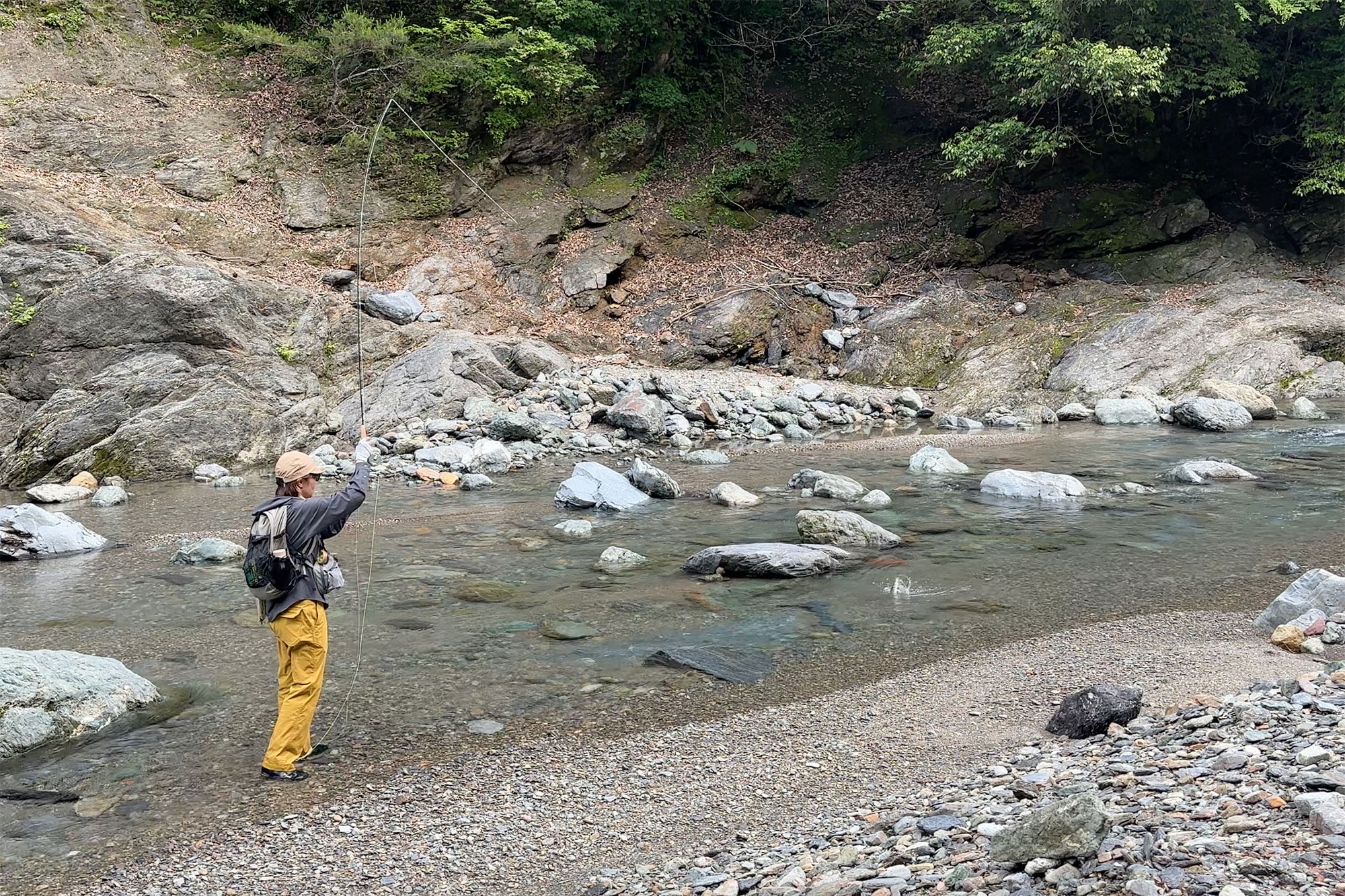 山女魚を釣るスタッフ